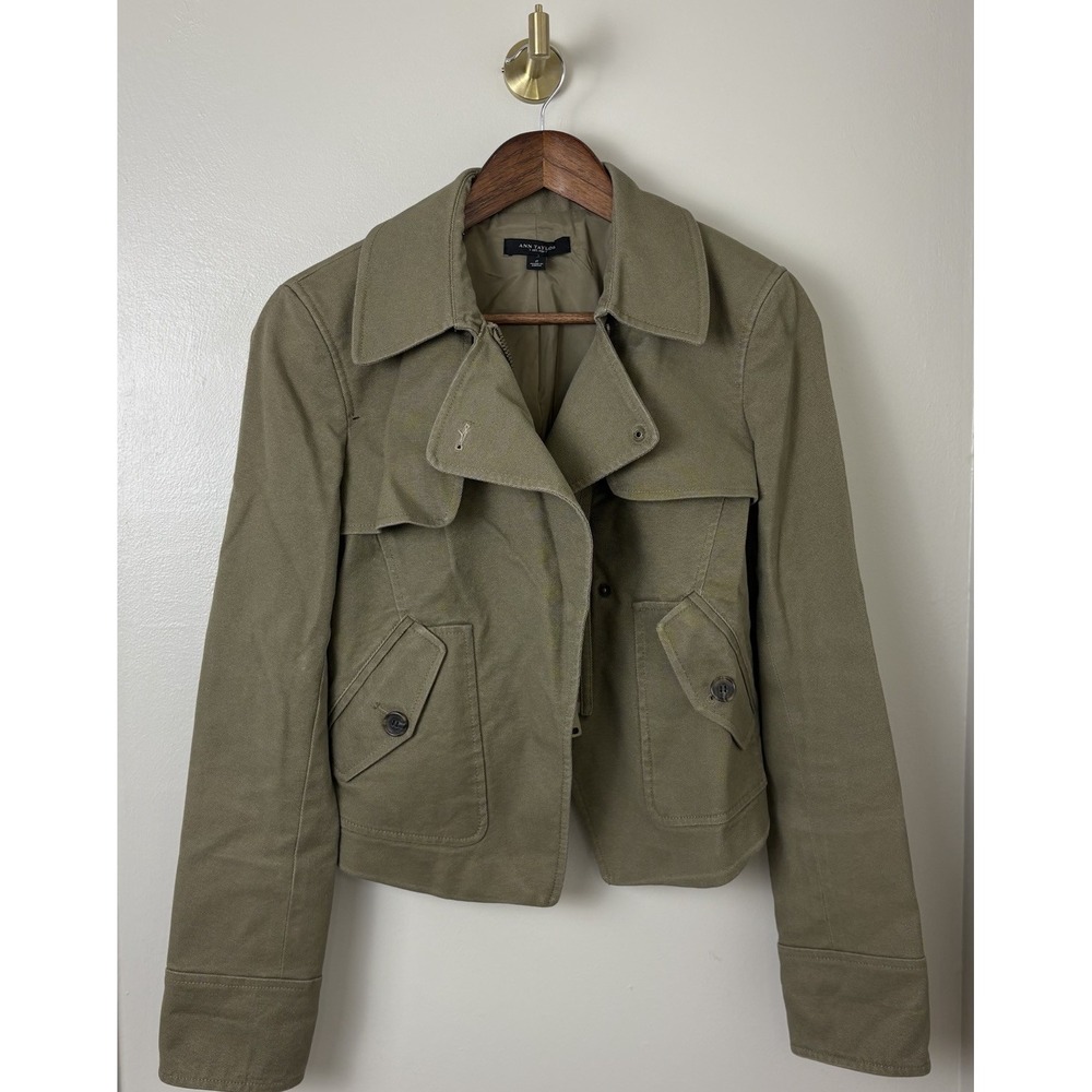 Ann Taylor Military Style Olive Green Canvas Jacket Size 2 Moto Safari Quiet Lux